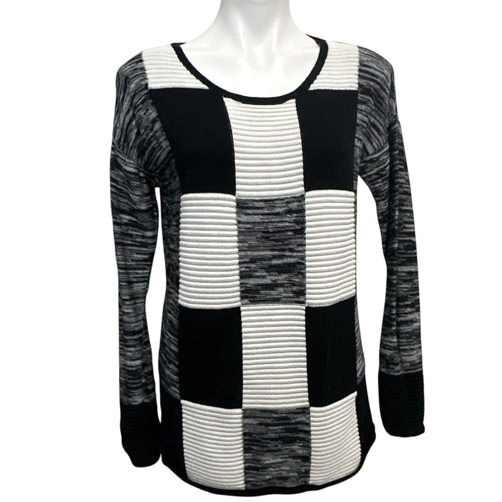 Parkhurst Sweater Women M Black White Checkered Colorblock Knit Cotton Pullover